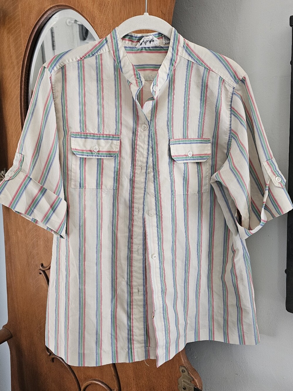 Vintage Lady Manhattan Striped Button Down Shirt 15/16 Made in Taiwan